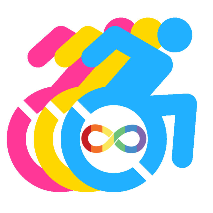 The logo of "Beyond Access" consulting services. It is the International symbol of accessbily shown as a wheelchair user mid push iuin shilloutte shown in blur. It is blue, yellow and pink with a rainbow autism inclusion symbol on the wheel.